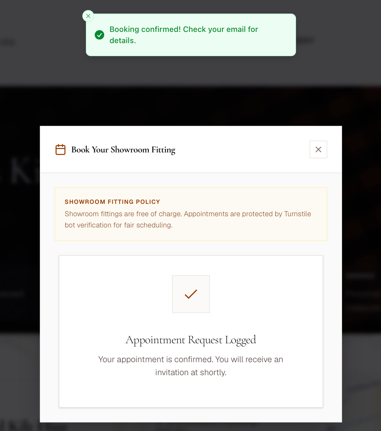 Booking confirmation screen showing the successfully booked appointment