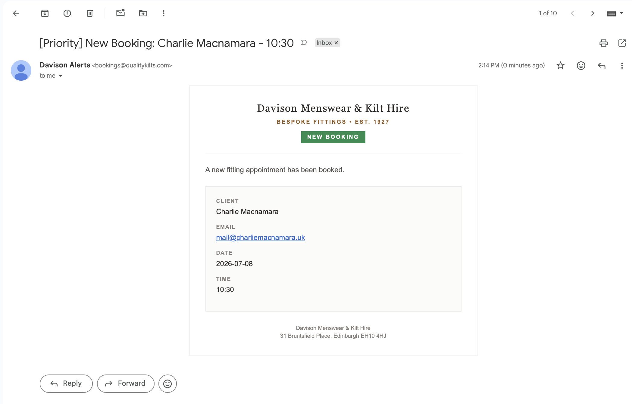 Owner alert email notifying of a new booking