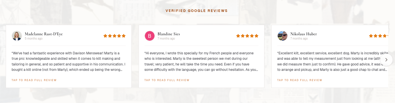 Google Reviews displayed on the site