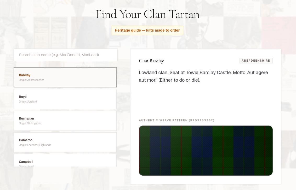 Tartan search directory showing clan and district patterns